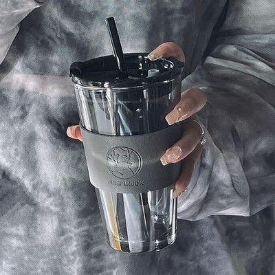 T R Creation Leather Grip Coffee Cup Sipper Glass with Straw 400 ml Pack of 1 pcs Glass Coffee Mug(400 ml)