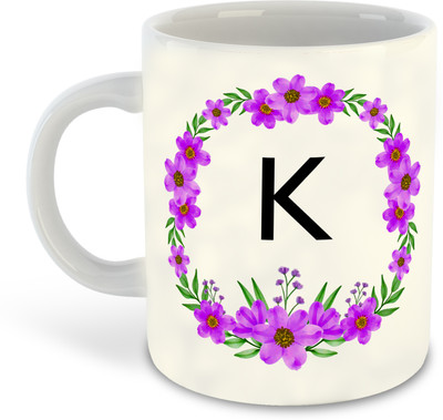 whats your kick K Name Alphabet Floral Printed White Coffee Cup - D11 Ceramic Coffee Mug(325 ml)