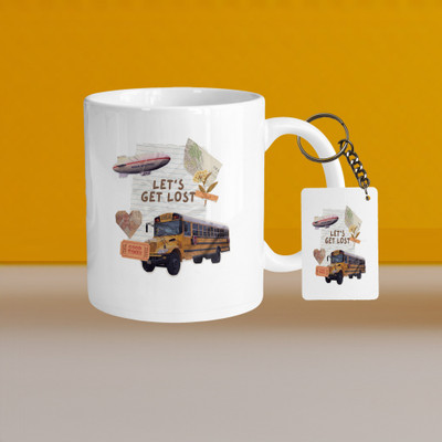 VM SHOPPING MALL Premium 330ml Ceramic White Coffee- lets get lost- With Rectangle Keychain Ceramic Coffee Mug(330 ml, Pack of 2)