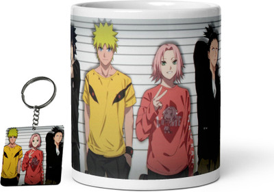 GIFTkarde Anime Character Line-Up & Keychain Set – 11 oz White Glossy Ceramic Coffee Mug(350 ml)