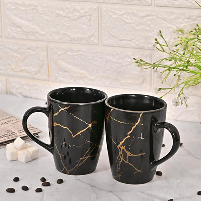 Femora Coffee Black Golden Marble Ceramic Coffee Mug(320 ml, Pack of 2)