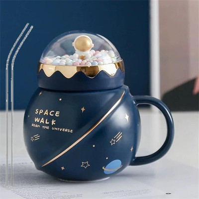 Dwiza Enterprise 3D Creative Astronaut Universe Planet With Lid Spoon Coffees for Home,Office,Tea Ceramic Coffee Mug(450 ml)