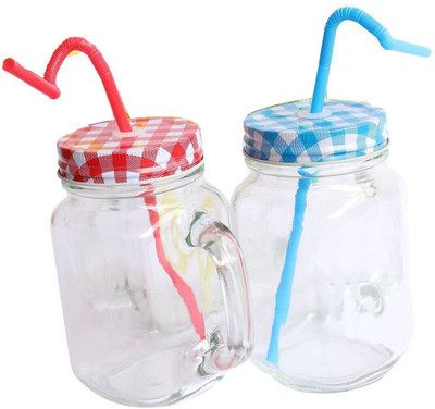 Convoke Coffee and Cocktails Mason Jar | Glass Jar Drinking Glass with Lid and Handle Glass Mason Jar(800 ml, Pack of 2)