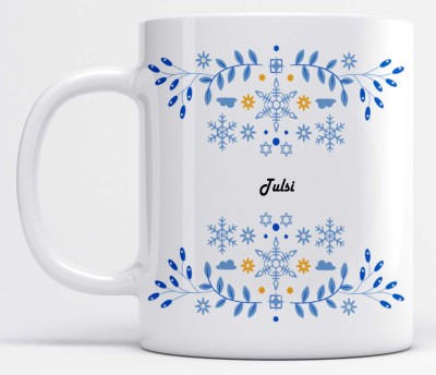 LOROFY Name Tulsi Printed Beautiful Blue Floral Design White Ceramic Coffee Mug(350 ml)