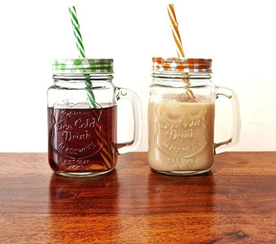 Convoke Mason Jar with Handle, Colored Cap Lid & Straw for Juice / Cocktail / Mocktail Glass Mason Jar(500 ml, Pack of 2)