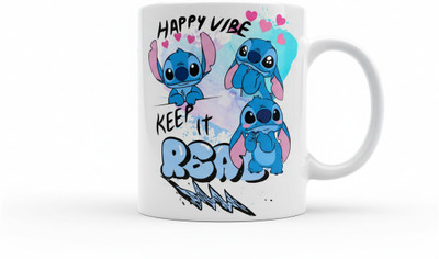 aaravgraphics Stitch 'Happy Vibe & Keep It Real' Trendy Aesthetic Ceramic Coffee Mug(325 ml)