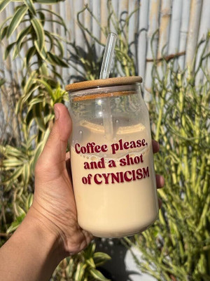The Umbrella Store Coffee Please and a Shot of Cynicism Theme Printed Straw Transparent Glass Coffee Mug(510 ml)