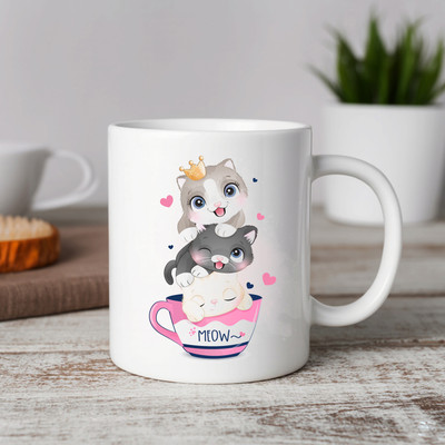 Vihaan Fashions Meow Cute Cat Illustration Printed Ceramic Coffee Mug(350 ml)