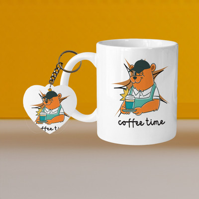 Hunter Studio 101_Perfect for Coffee and Tea - With Keychain VM Coffee Time Teddy L H Ceramic Coffee Mug(330 ml, Pack of 2)