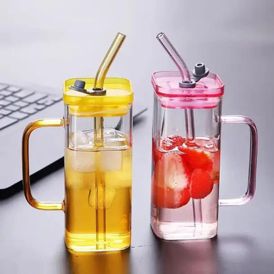 Litton Square Glass Sipper With Acrylic Lid , Glass Straw With colourful Handle Glass Tumbler(410 ml, Pack of 2)