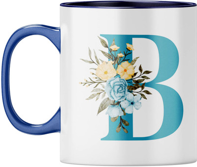 YuBingo Elegant Monogram - Floral B Design, Dark Blue Inner & Handle Ceramic Coffee Mug(310 ml)