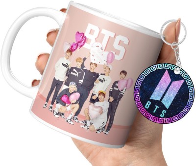 DojaBeauty By TrendoPrint Bts Cup with Keychain Bts Gift For Anyone on Any Occasion (DB-21) Ceramic Coffee Mug(350 ml, Pack of 2)