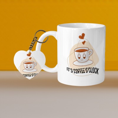 VM SHOPPING MALL Perfect for Coffee and Tea - With Keychain VM It S A Coffe O Clock L H Ceramic Coffee Mug(330 ml, Pack of 2)