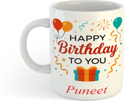 UNIARAWALAS Happy Birthday Puneet Name Printed Ceramic Coffee(330ml) Ceramic Coffee Mug(330 ml)