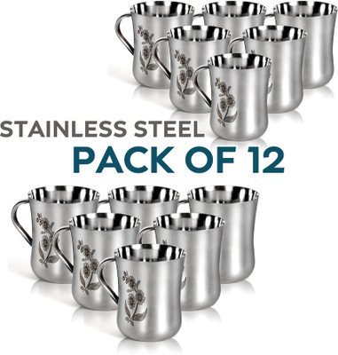 Q4S Laser Etching Floral Design Print Steel Cup Set Stainless Steel Coffee Mug(160 ml, Pack of 12)