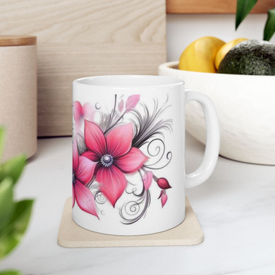 Giftspedia PINK FLOWER WHITE CERMIC COFFEE MUG GIFTS FOR FRIEND Ceramic Coffee Mug(360 ml)