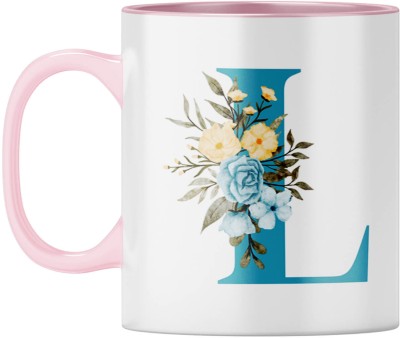 YuBingo Personalized Floral - Elegant L Monogram, Pink Inner & Handle Ceramic Coffee Mug(310 ml)