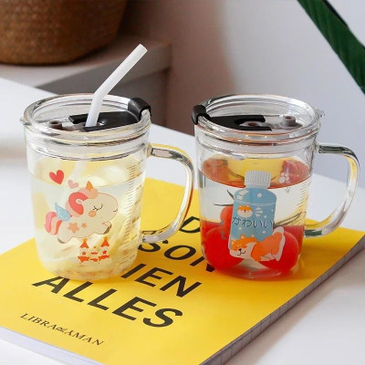 Avastro Kids Drink Cup Children Cup Milk Breakfast Straw Glass Milk Tea Cup with Water Cup with Transparent Lid Unicorn Scale Cup For 4Y Glass Coffee Mug(350 ml, Pack of 2)