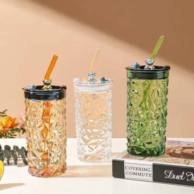 SolaceWave Elegant 380ml Textured Sipper Glasses with Lid and Straw Glass Tumbler(380 ml)