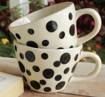Raishsa Classic Polka Dot Coffee Set of 2 | Handmade | Classic Design. Ceramic Coffee Mug(240 ml, Pack of 2)