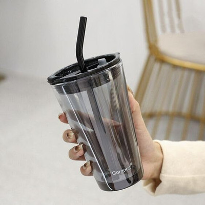 VRAJAK Reusable Sipper Coffee with Leather Sleeve with Straw - Tea and Coffee Glass Coffee Mug(450 ml)
