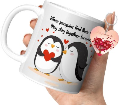 TrendoPrint (Vlt-04) Valentine's Day Gifts for Couples, Hubby, Wifey Cup with Keychain Ceramic Coffee Mug(350 ml, Pack of 2)