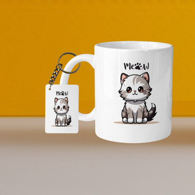 VM MALL 101_Perfect for Coffee and Tea - With Keychain VM Cat Meoww L R Ceramic Coffee Mug(332 ml)