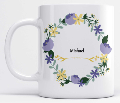 LOROFY Name Mishael Printed Blue & Green Floral Design White Ceramic Coffee Mug(350 ml)