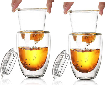 Baskety Borosilicate Glass Tea with Infuser and Lid, 350ml Set of 2 i18 Glass Coffee Mug(350 ml, Pack of 2)