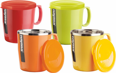 NAYASA ALLOY COFFEE , TEA AND MILK MUG WITH LID (350 ml, Pack of 4) Stainless Steel Coffee Mug(350 ml, Pack of 4)