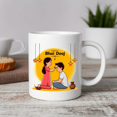 Vihaan Fashions Happy Bhai Dooj Printed Ceramic Coffee | Gift for Bhai Dooj, 04 Ceramic Coffee Mug(350 ml)