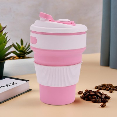 KUBER INDUSTRIES 350ml Portable Collapsible Coffee Cup with Lid & sipper cover | White & Pink Plastic Coffee Mug(350 ml)