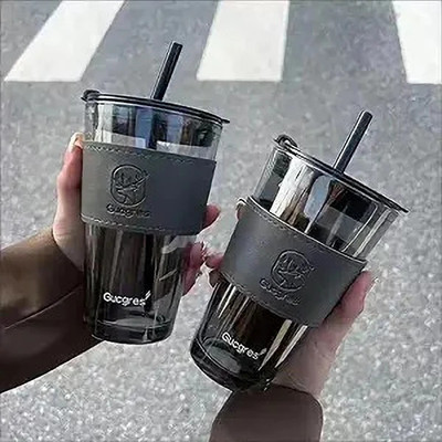 GOSK Enterprise Glass Coffee Tumbler Sipper Juice Cocktail Smoothie Tea Cold & Hot Drink Cup Glass Coffee Mug(450 ml, Pack of 2)