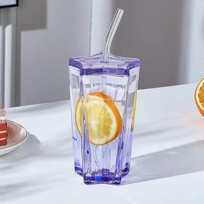 VM PARTNER Sipper Star Shape Creative Five-Pointed Star with Lid Glass Straw Glass Tumbler(400 ml)