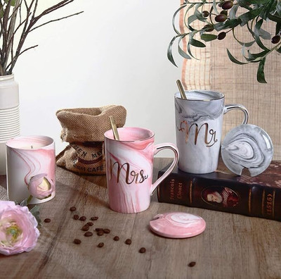 casabelle Coffee with Handle I Mr & Mrs Set of 2 Coffees, Lids, Golden Spoon Ceramic Coffee Mug(380 ml)