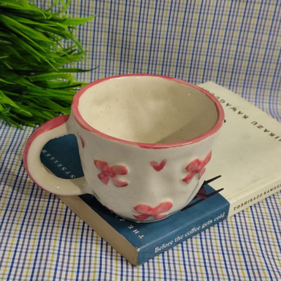 Ceramicmomo Handmade Cute Pink Bow & Heart Design Cup for Girls & Gifting Ceramic Coffee Mug(220 ml)