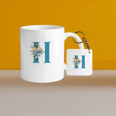 VM SHOPPING MALL Premium 330ml Ceramic White Coffee - h letter 01 - WithSquare Keychain Ceramic Coffee Mug(330 ml, Pack of 2)