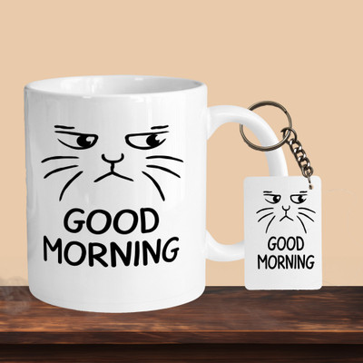 VM MALL 101_Good Morning Cat R-R Ceramic Coffee Mug(330 ml, Pack of 2)
