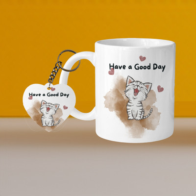 VM SHOPPING MALL Perfect for Coffee and Tea - With Keychain VM Cat Have A Good Day L H Ceramic Coffee Mug(330 ml, Pack of 2)