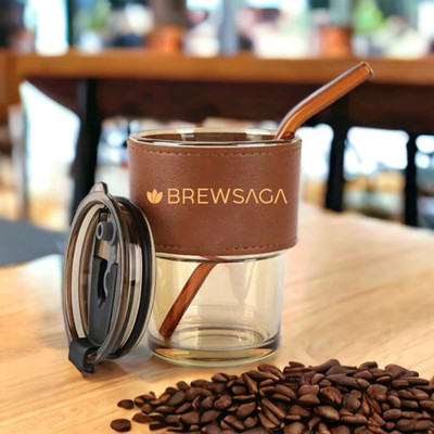 Brewsaga Coffee Tumbler With Lid And Straw Hot/Cold With Leather Sleeve Glass Tumbler(350 ml)