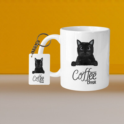 AG MALL 101_Perfect for Coffee and Tea - With Keychain VM Cat Coffee Break L R Ceramic Coffee Mug(332 ml, Pack of 2)