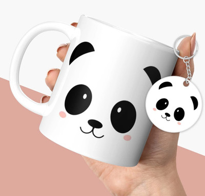 Convay Cute Panda Printed Coffee and Keychain for Girls Ceramic Coffee Mug(330 ml)