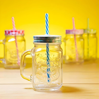 Convoke Glass Mason Jar with Straw and Re-Usable Straws for Juice Glass Mason Jar(450 ml)