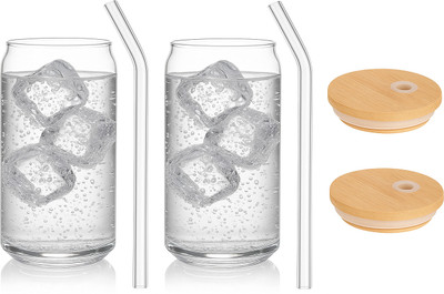 INDIWARRIOR Reusable Glass Cup Pack of 2 with Straw and Wooden Lid Glass Tumbler(540 ml, Pack of 2)