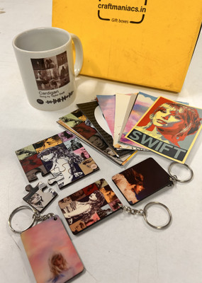 craft maniacs TAYLOR SWIFTIE CARIDGAN COMBO HAMPER WHITE MUG , LOMO, PUZZLE & 3 KEYCHAINS Ceramic Coffee Mug(330 ml)