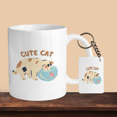 VM MALL 101_Cute Cat R-R Ceramic Coffee Mug(330 ml, Pack of 2)
