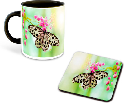 whats your kick Butterfly Lover Printed Black Coffee With Coaster-D17 Ceramic Coffee Mug(325 ml)
