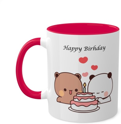 FlashTale Happy Birthday printed Mocha Milk Inner Red Ceramic Coffee Mug(325 ml)