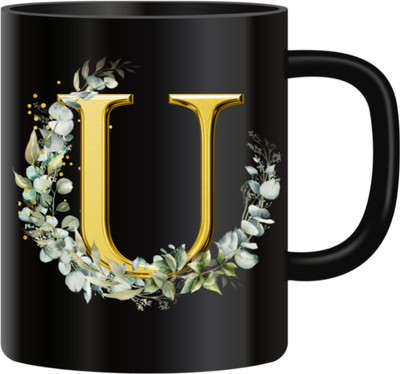 MaddockCorp Alphabet letter U with floral design Black Ceramic Coffee Mug(350 ml)