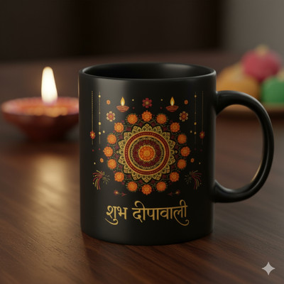 Enricher Black Diwali Deepavali 101 Ceramic Coffee Mug(330 ml)